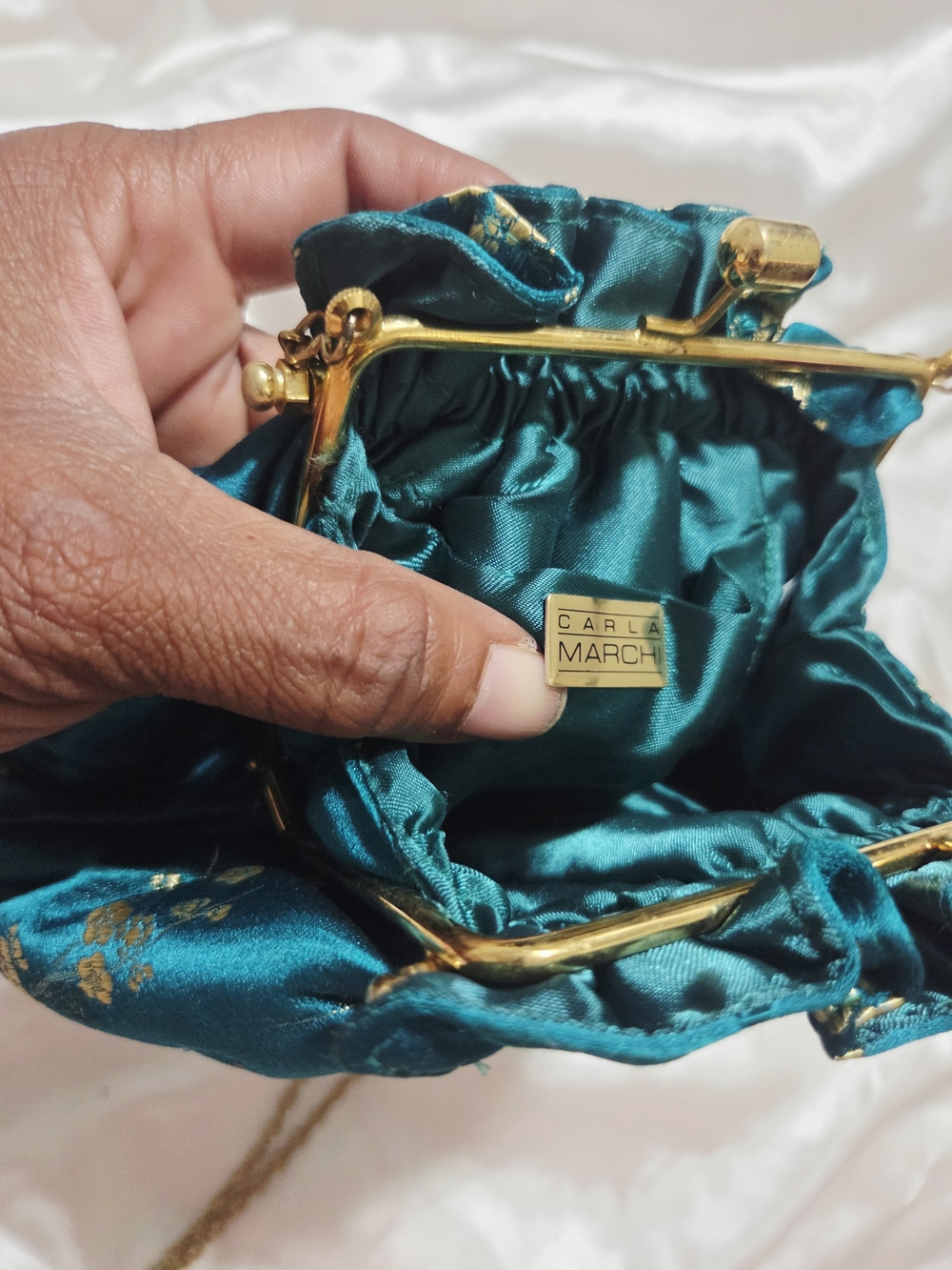 Carla Marchi Teal Satin Mini Evening Bag with Gold Hardware